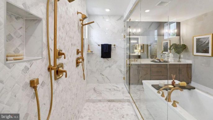 Bathroom, Dual Sink Vanities, Glass Shower, Interior, Marble, Marble Walls, Recessed Lighting