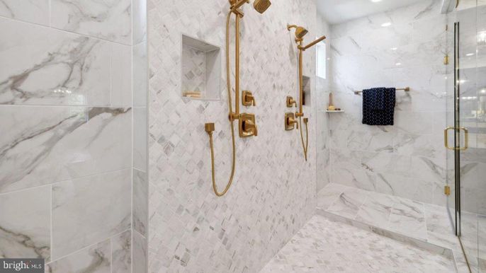 Bathroom, Glass Shower, Interior, Marble Walls, Recessed Lighting