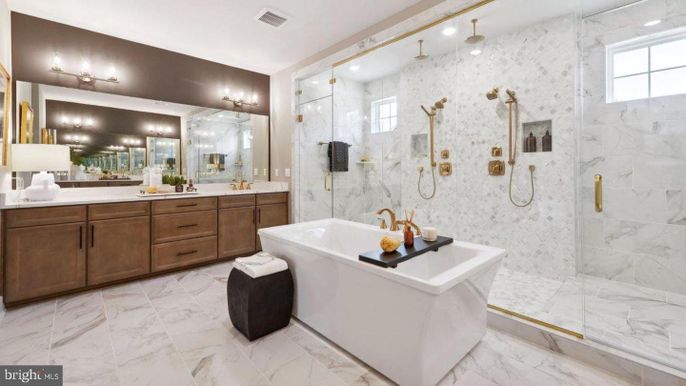 Bathroom, Dual Sink Vanities, Free Standing Baths, Glass Shower, Interior, Marble, Marble Walls, Recessed Lighting