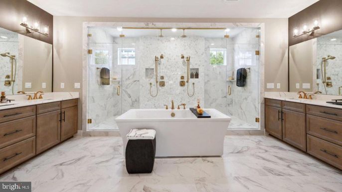 Bathroom, Dual Sink Vanities, Glass Shower, Interior, Marble, Marble Walls