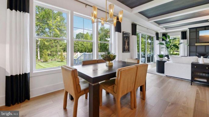 Dining room, Interior, Living room, Pendant Lights, Wood Texture Flooring