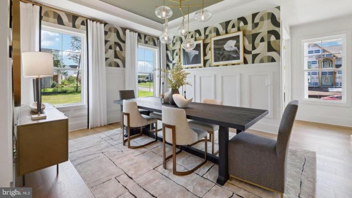Dining room, Interior, Pendant Lights, Wood Texture Flooring