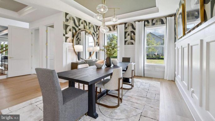 Dining room, Interior, Pendant Lights, Wood Texture Flooring