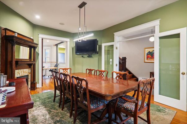 Dining room, Interior, Pendant Lights, Recessed Lighting, Wood Texture Flooring