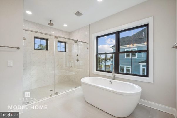 Bathroom, Free Standing Baths, Glass Shower, Interior, Marble Walls, Recessed Lighting