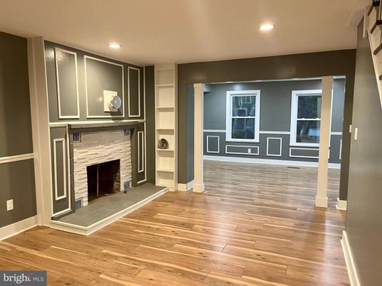 Empty room, Fireplace, Interior, Recessed Lighting, Wood Texture Flooring