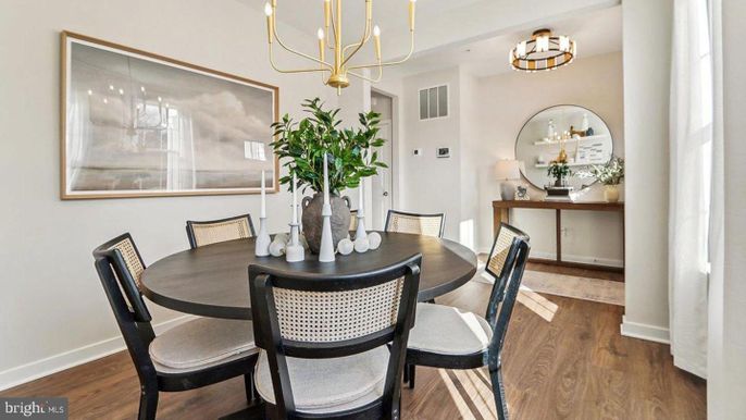 Chandelier, Dining room, Interior, Pendant Lights, Wood Texture Flooring