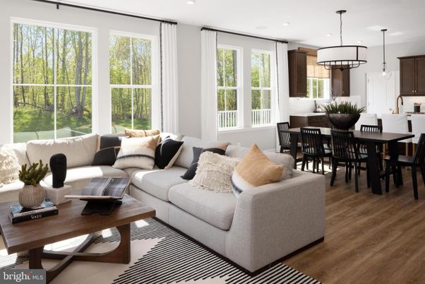 Dining room, Interior, Living room, Pendant Lights, Recessed Lighting, Wood Texture Flooring