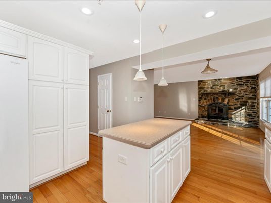 Fireplace, Interior, Kitchen, Pendant Lights, Recessed Lighting, Stone Walls, Wood Texture Flooring