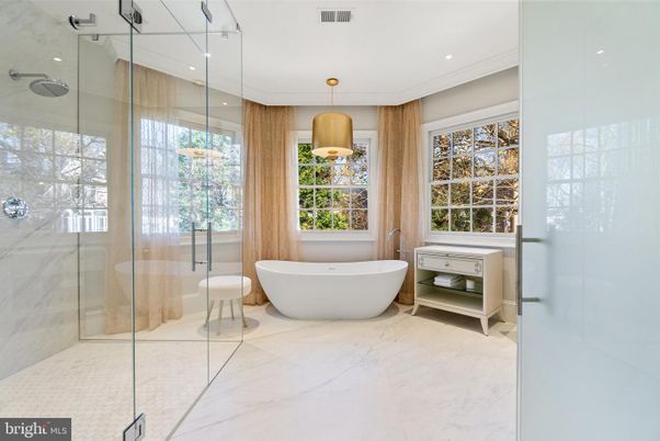 Bathroom, Free Standing Baths, Glass Shower, Interior, Marble, Pendant Lights, Recessed Lighting