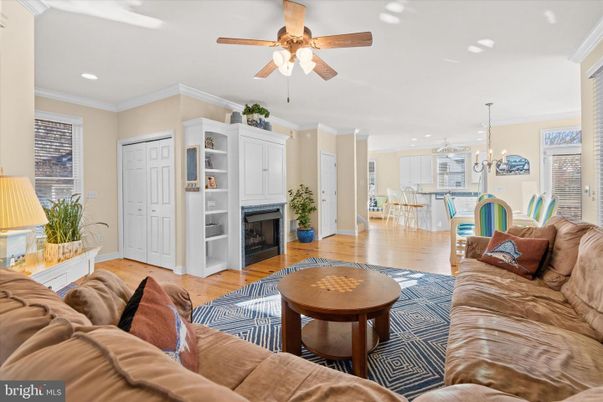 Fireplace, Interior, Kitchen, Living room, Pendant Lights, Recessed Lighting, Wood Texture Flooring