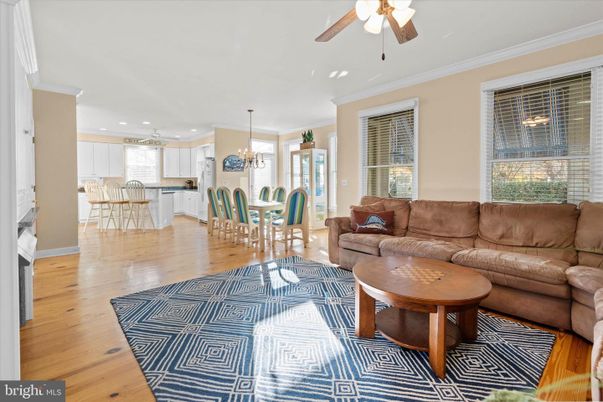 Chandelier, Dining room, Interior, Kitchen, Living room, Pendant Lights, Recessed Lighting, Wood Texture Flooring
