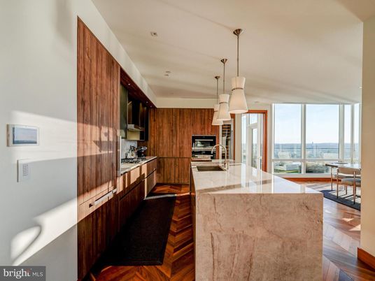 Interior, Kitchen, Pendant Lights, Recessed Lighting, Stainless Steel Appliances, Water, Wood Texture Flooring