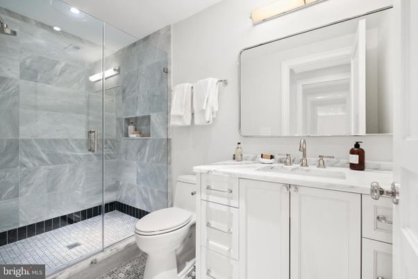 Bathroom, Glass Shower, Interior, Marble Walls, Recessed Lighting