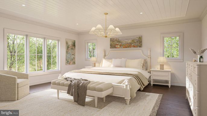 Bedroom, Chandelier, Interior, Recessed Lighting, Wood Texture Flooring