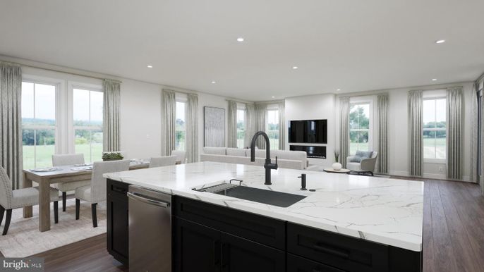 Dining room, Interior, Kitchen, Living room, Recessed Lighting, Wood Texture Flooring