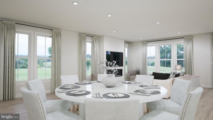 Dining room, Interior, Recessed Lighting, Wood Texture Flooring