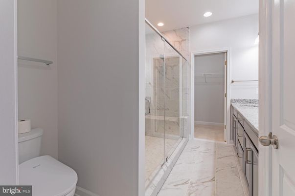 Bathroom, Glass Shower, Interior, Marble, Marble Walls, Recessed Lighting