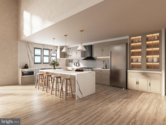 Interior, Kitchen, Pendant Lights, Stainless Steel Appliances, Wood Texture Flooring
