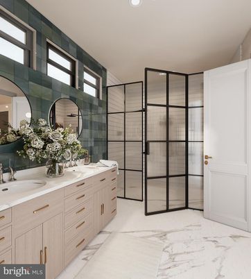 Bathroom, Dual Sink Vanities, Glass Shower, Interior, Marble, Recessed Lighting