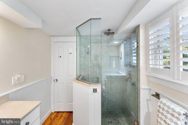 Bathroom, Glass Shower, Interior, Wood Texture Flooring
