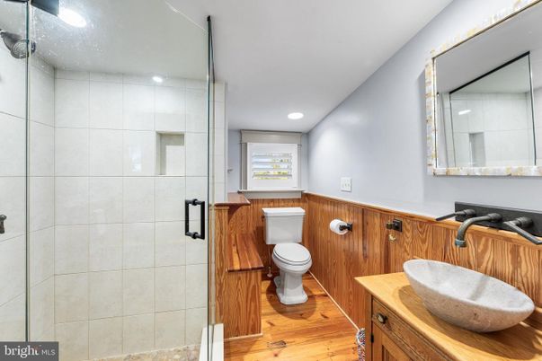 Bathroom, Glass Shower, Interior, Recessed Lighting, Wood Texture Flooring