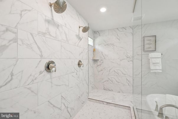 Bathroom, Glass Shower, Interior, Marble Walls, Recessed Lighting
