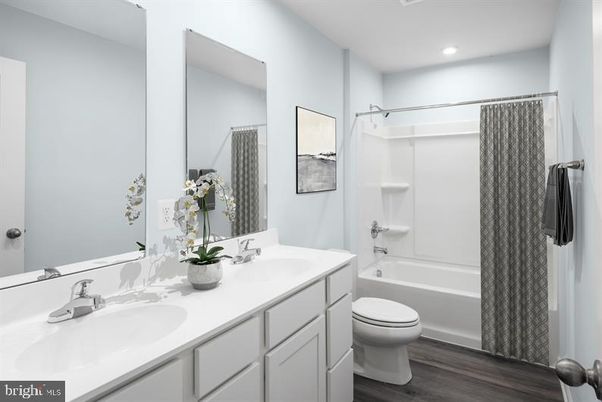 Bathroom, Dual Sink Vanities, Interior, Recessed Lighting, Wood Texture Flooring