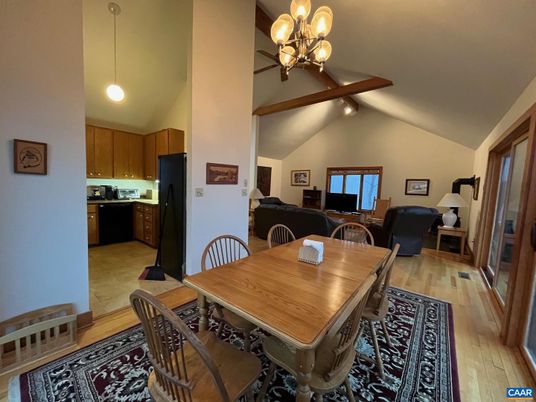 Dining room, Interior, Kitchen, Living room, Pendant Lights, Wooden Beams, Wood Texture Flooring