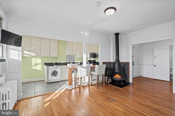 Fireplace, Interior, Kitchen, Washer, Wood Texture Flooring