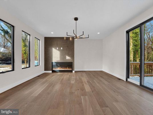 Empty room, Fireplace, Interior, Pendant Lights, Recessed Lighting, Wood Texture Flooring