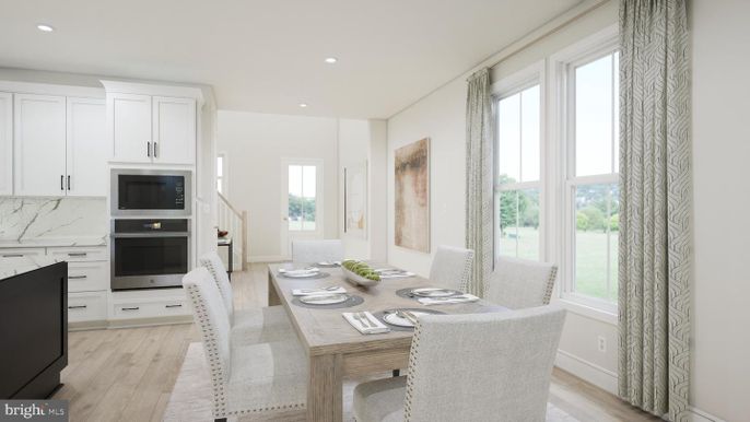 Dining room, Interior, Kitchen, Marble Walls, Recessed Lighting, Wood Texture Flooring
