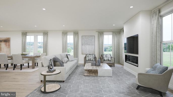 Dining room, Fireplace, Interior, Living room, Recessed Lighting, Wood Texture Flooring