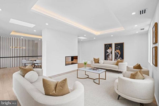 Dining room, Interior, Living room, Recessed Lighting, Wood Texture Flooring