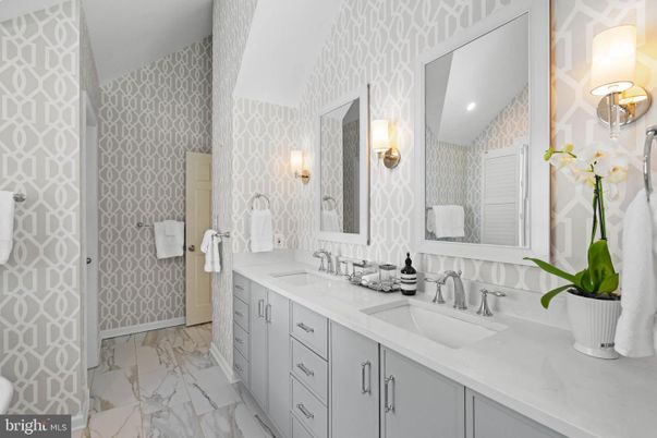 Bathroom, Dual Sink Vanities, Interior, Marble, Recessed Lighting