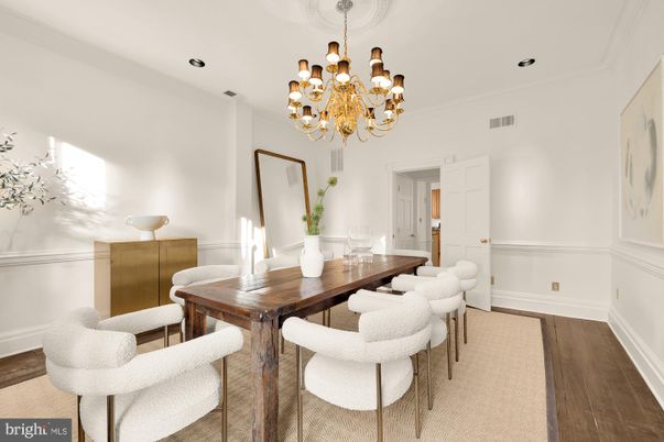Chandelier, Dining room, Interior, Recessed Lighting, Wood Texture Flooring
