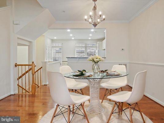 Chandelier, Dining room, Interior, Recessed Lighting, Wood Texture Flooring