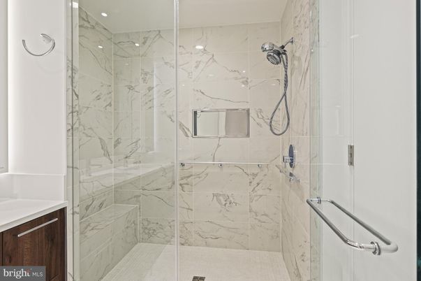 Bathroom, Glass Shower, Interior, Marble Walls, Recessed Lighting