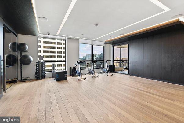 Fitness Equipment, Gym, Interior, Recessed Lighting, Wood Texture Flooring
