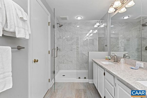 Bathroom, Dual Sink Vanities, Glass Shower, Interior, Marble Walls