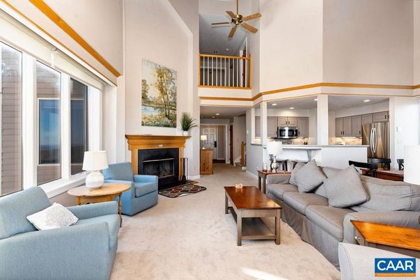 Fireplace, Interior, Kitchen, Living room, Recessed Lighting, Stainless Steel Appliances