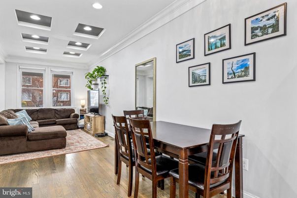 Dining room, Interior, Living room, Recessed Lighting, Wood Texture Flooring
