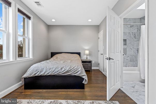Bedroom, Interior, Marble, Marble Walls, Recessed Lighting, Wood Texture Flooring
