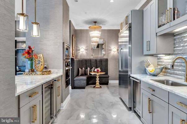 Interior, Kitchen, Marble, Pendant Lights, Recessed Lighting, Stainless Steel Appliances