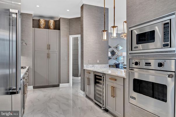 Interior, Kitchen, Marble, Pendant Lights, Recessed Lighting, Stainless Steel Appliances