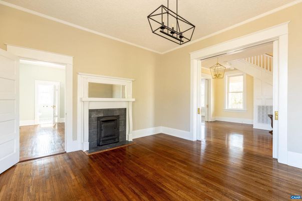 Chandelier, Empty room, Fireplace, Interior, Wood Texture Flooring