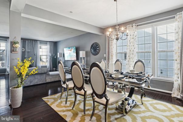 Chandelier, Dining room, Interior, Wood Texture Flooring