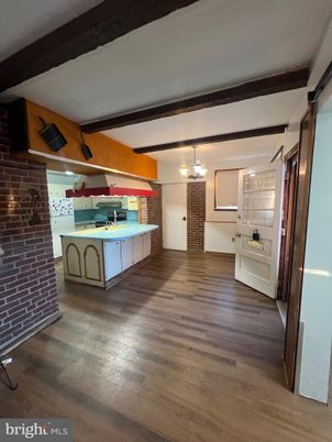 Interior, Kitchen, Pendant Lights, Stone Walls, Wooden Beams, Wood Texture Flooring