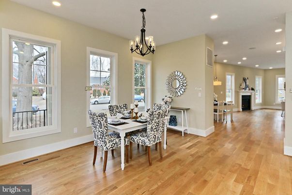 Chandelier, Dining room, Fireplace, Interior, Pendant Lights, Recessed Lighting, Wood Texture Flooring