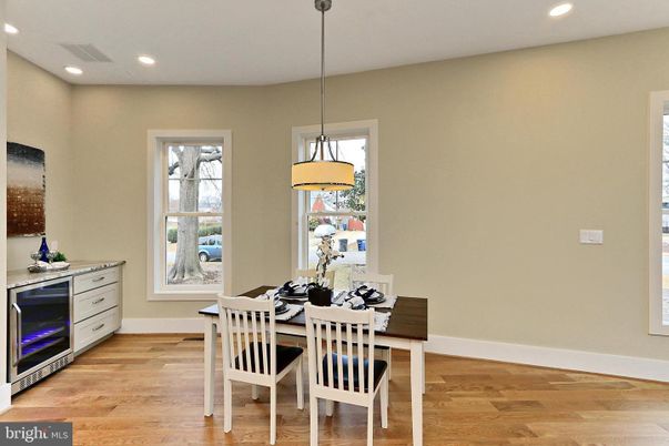 Dining room, Interior, Pendant Lights, Recessed Lighting, Wood Texture Flooring